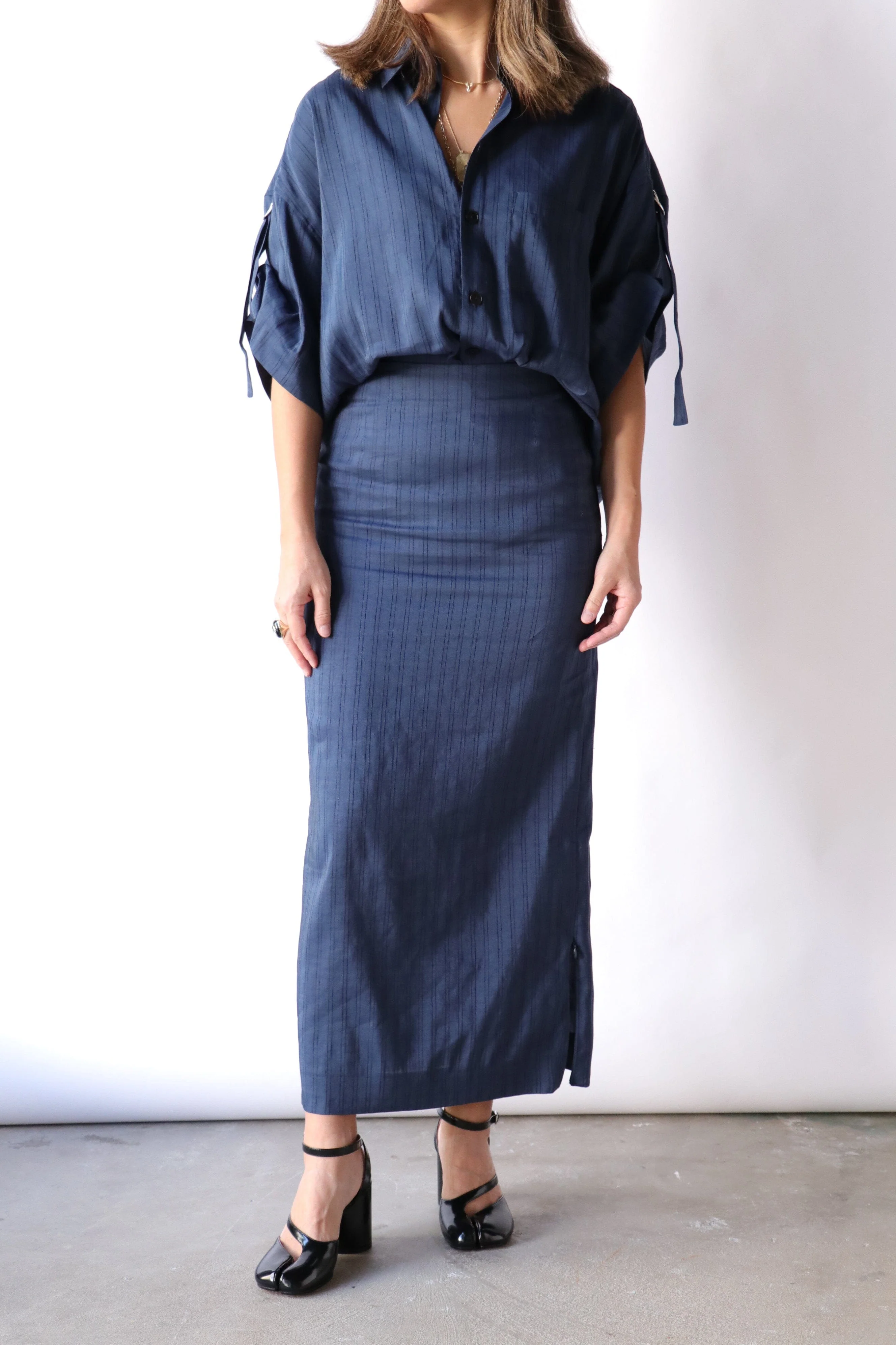Gauchere Short Sleeve Oversized Shirt in Striped Blue - Image 3
