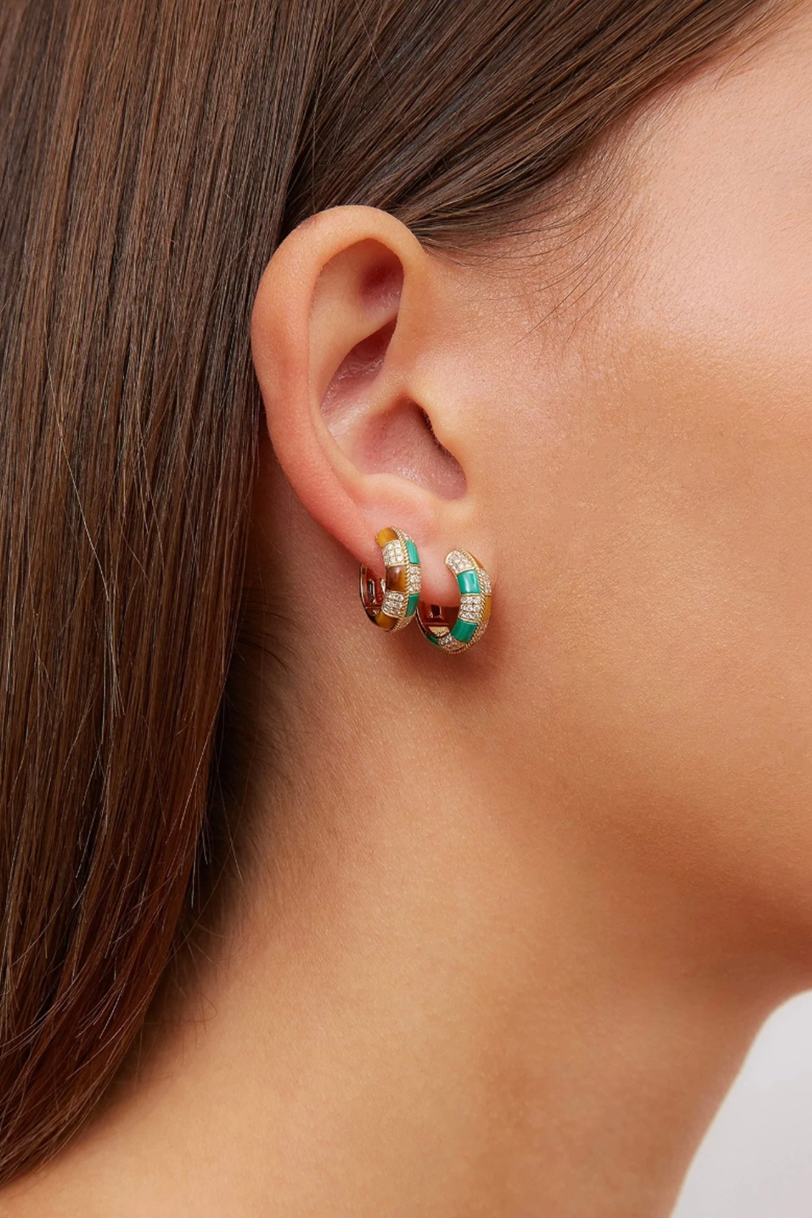 Yvonne Leon Paire De Mini Créoles Damier Malachite & Oeil De Tigre Or Jaune - Image 3